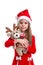 Christmas girl hugging the deer soft toy, wearing a santa hat isolated over a white background