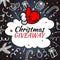 Christmas Giveaway. Handwritten modern lettering with doodle decorative elements and Santa thumb up on chalkboard background