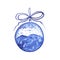Christmas glass ball with winter landscape and snowfall inside. Isolate. Christmas tree toy with a bow in blue tones