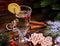 Christmas glass latte mug with lemon and red berry cookies .