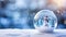 A Christmas glass sphere resting on snowy ground, containing a snowman within. A wintry scene. Generative AI