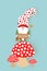 Christmas Gnome above a red mushroom. Merry Christmas Cute Scandinavian Nordic Santa Claus Elf, vector isolated on blue background