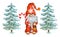 Christmas Gnome with candy cane and flashlight. Little gnome in funny red cap and Christmas trees. Cute holidays gnome for New