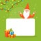 Christmas Gnome Holding Blank Banner, Winter Holidays Background, Greeting Card, Sale Advertising Poster Cartoon Vector