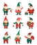 Christmas gnomes. Cute elf dwarfs with winter holiday elements gifts, socks, holly berries. Flat cartoon xmas gnome