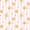 Christmas gold snowflake seamless pattern. Golden glitter snowflakes on pink white lines background. Winter snow texture