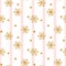 Christmas gold snowflake seamless pattern. Golden glitter snowflakes on pink white lines background. Winter snow texture