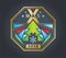 Christmas gold technology badge on a dark background. Different triangle design elements. Xmas emblem
