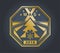 Christmas gold technology badge on a dark background. Gold triangle design elements. Xmas emblem