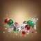 Christmas golden background with 3d ornaments: glass balls, stars, candy cane, snowflakes, lights. Blank podium, white pedestal,