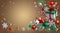 Christmas golden background with 3d ornaments: glass balls, stars, gift box, candy cane, snowflakes. Blank banner, greeting card