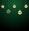 Christmas Golden Hanging Balls on Dark Green Background