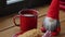 christmas gonk, coffee and cookies on window sill