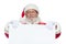 Christmas. Good Santa Claus in white gloves holds a blank white cardboard. Place for advertising, for text, empty space