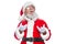Christmas. Good Santa Claus in white gloves shows faces, grimaces, shows his tongue. Not standard behavior. Isolated on