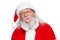 Christmas. Good Santa Claus in white gloves shows faces, grimaces, shows his tongue. Not standard behavior. Isolated on