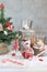 Christmas gray background with candles and tree