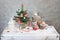 Christmas gray background with candles and tree