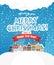 Christmas greating card. Vintage buildings with snowfall on Winter