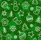 Christmas green background, white contour drawings, seamless, vector.