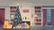 Christmas Green Tree With Gift Box House Interior Decoration Happy New Year Banner