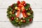 Christmas Green Wreath Wood Background, Holiday Decoration Balls