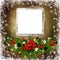 Christmas greeting background with card, pine branches, poinsettia, berries branches, garland lights on a wooden background