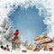 Christmas greeting background with place for text, gifts, bullfinch, lantern, christmas decorations, pine branches
