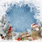 Christmas greeting background with space for text, with gifts, a lantern, a bullfinch, a bag of letters and sweets and frosty patt