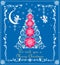 Christmas greeting blue card with craft white paper cutting tree, snowflakes and hanging angels