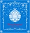 Christmas greeting blue craft card with floral decorative border, snowflakes and hanging ball