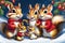 Christmas greeting card. Chipmunk cute family hold a Christmas presents in the falling snow