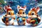 Christmas greeting card. Chipmunk cute family hold a Christmas presents in the falling snow