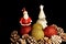 Christmas greeting card. Christmas decorations, pinecones, tree, balls and Santa Claus.