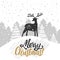 Christmas greeting card. Christmas trees covered with snow, deer, lettering Merry Christmas