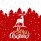 Christmas greeting card. Christmas trees covered with snow, deer, lettering Merry Christmas