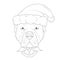 Christmas greeting card for coloring. Rottweiler dog with Santa`s hat and Christmas bells