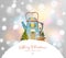 Christmas greeting card with cute blue house in shape of teapot on white glowing background.