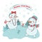 Christmas Greeting Card with cute couple snowman, birds and snowflakes