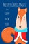 Christmas greeting card and cute Fox character. Merry Christmas and Happy New Year. Cartoon