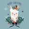 Christmas greeting card with cute llama and seasonal floral bouquet