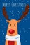 Christmas greeting card and cute Reindeer character. Merry Christmas and Happy New Year. Cartoon