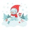 Christmas Greeting Card with cute snowman, birds and snowflakes