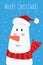 Christmas greeting card and cute Snowman with red scarf and santaâ€™s cap character. Merry Christmas and Happy New Year. Cartoon