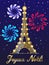 Christmas greeting card in France. Eiffel tower with garlands and fireworks.