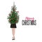 Christmas greeting card girl holding New Year tree decorated with balls. Vector woman stylish outfit on holidays