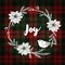 Christmas greeting card, invitation. Finch bird and white Christmas wreath made of poinsettia, fir branches. Tartan background