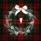 Christmas greeting card, invitation. White Christmas wreath made of pine branches and cones. Tartan checkered plaid, illu