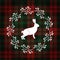Christmas greeting card, invitation. White rabbit or hare and Christmas wreath made of mistletoe. Tartan checkered plaid,