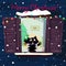 Christmas greeting card of kawaii cartoon cat catching snow flakes on window